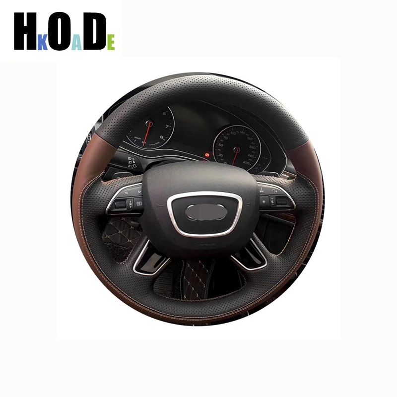 

For Audi A3 A4 2013-2018 A6 2005-2018 Q3 2012-2018 Q5 Q7 2013-2018 Hand-Stitched Black Brown leather Car Steering Wheel Cover