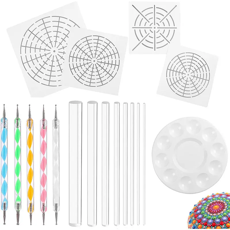

Mandala Art Dotting Tools 18 Set Including 4 Mandala Stencils, 8 Acrylic Rods, Paint Tray, 5 Double Sided Dotting Tools