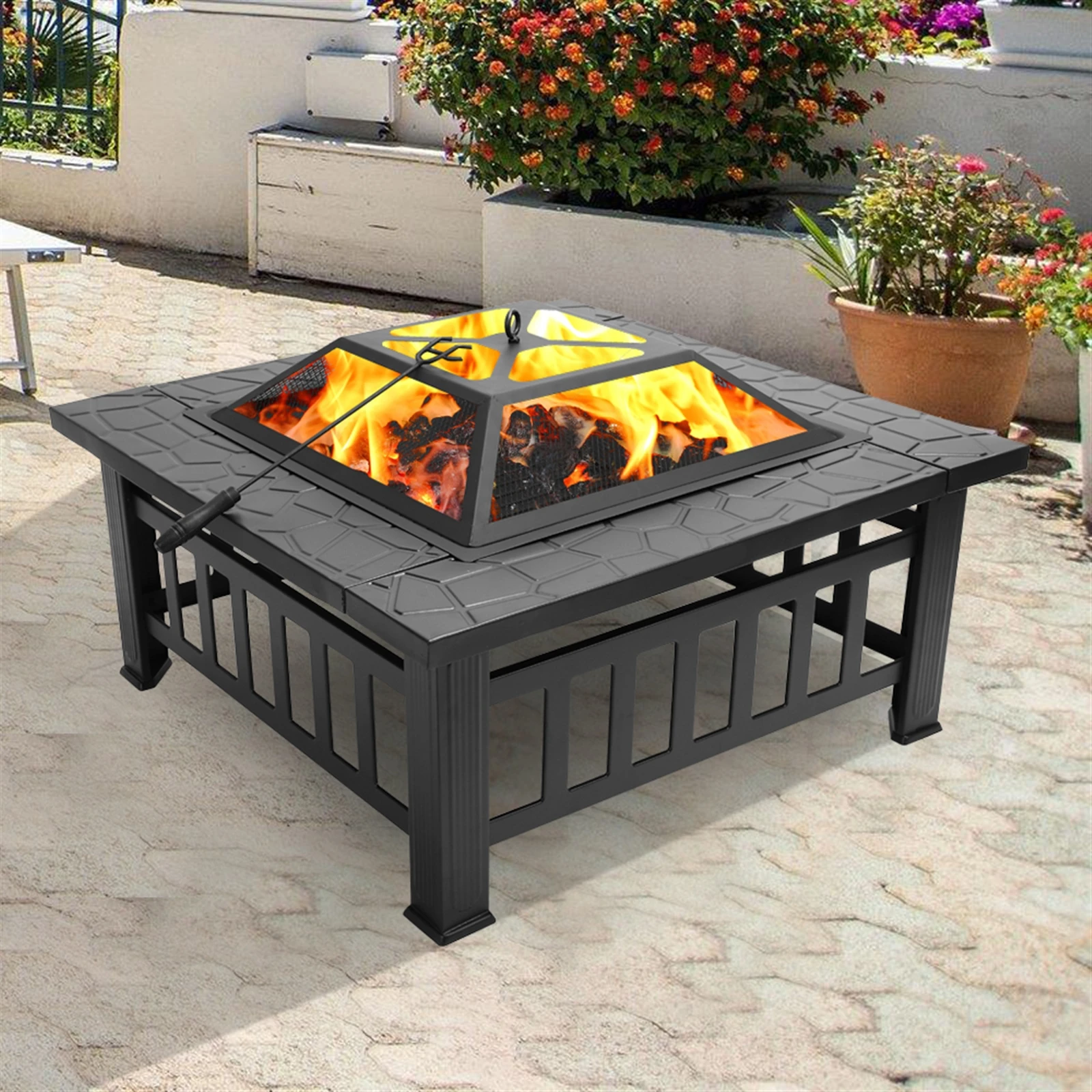 82x82x44cm Fire Bowl with Spark Protection Grill Grate Fire Pit Garden Patio Heat Cooling BBQ Winter Summer Camping Heater Black