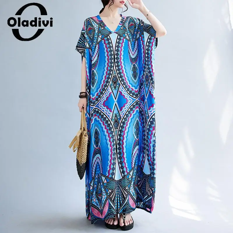 

Oladivi Fashion Print Women Bohemian Beach Dress 2023 Summer New Short Sleeve Long Dresses Ladies Oversize Clothing 8XL 9XL 5464
