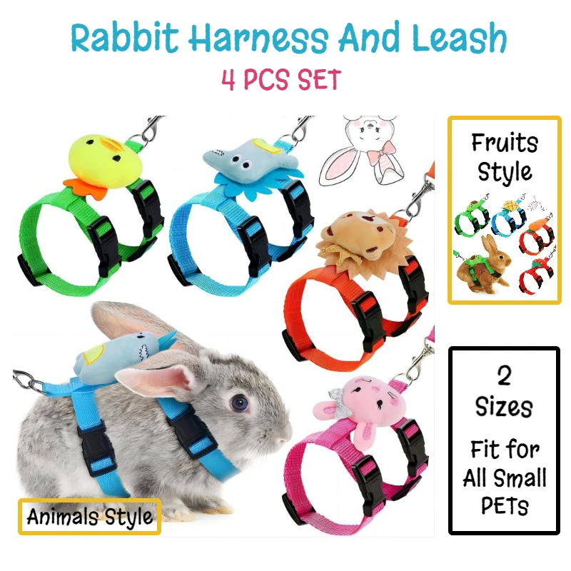 

4 Sets Bunny Rabbit Harness and Leash Set Adjustable Cute Harness Leash Vest for Ferret Guinea Pig Kitten Puppy Walking Outdoor