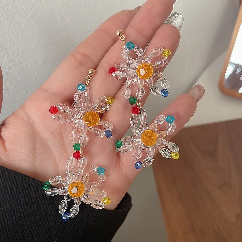 

925 Silver Needle Crystal Beaded Flower Long Earrings for Women Tassel Stud Earrings Retro Aesthetics Jewelry Gifts