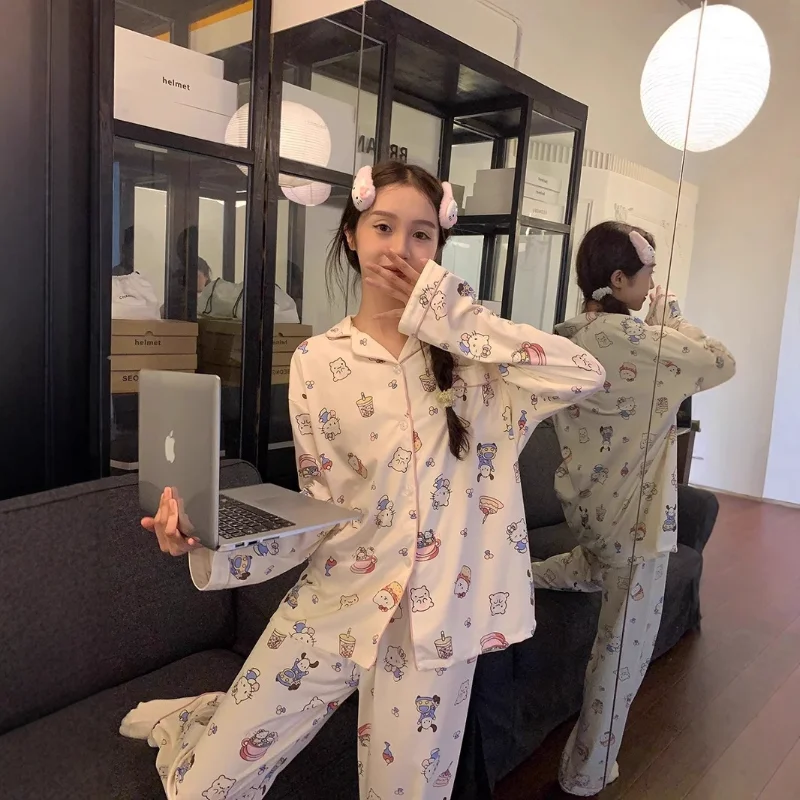 Sanrio Hello Kitty шелковые пижамы женские осенние брюки из чистого хлопка с длинными