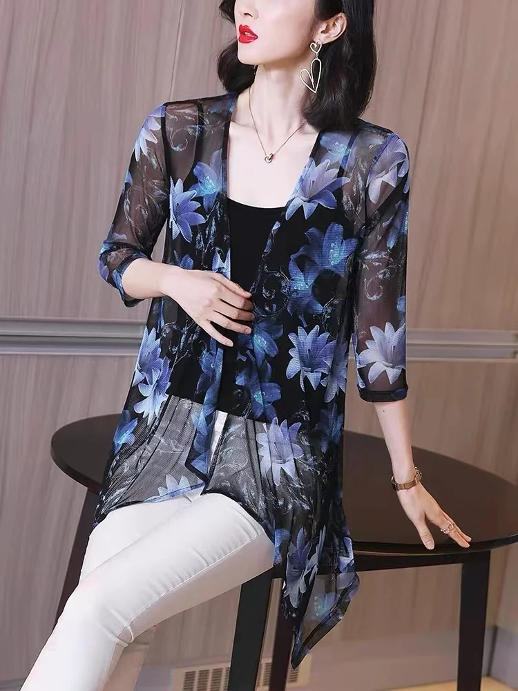 

Блузка женская шифоновая с коротким рукавом и принтом, пляжный топ с защитой от солнца, ажурная рубашка в Корейском стиле, на лето