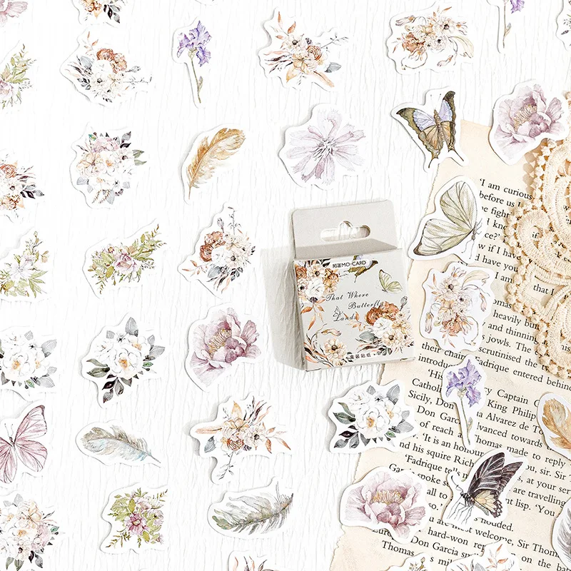 56 packs wholesale Box Sticker Small Fresh Flower Fanhua Falling Butterfly  Collage aesthetic scrapbook free shipping