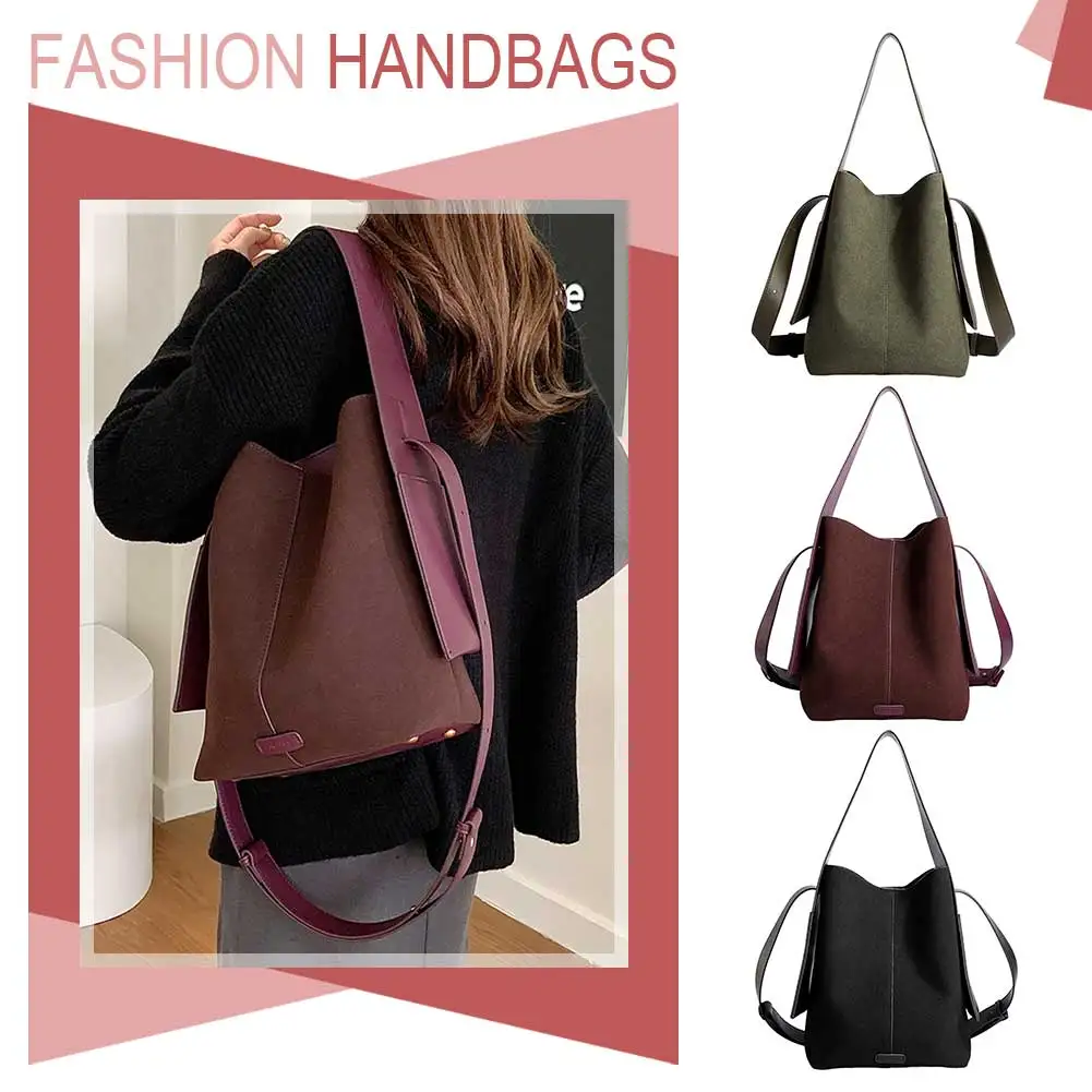 Shoulder Bag Suede Solid Color Bucket for Women Men Adjustable Strap Large Tote Trendy Handbag Work Travel