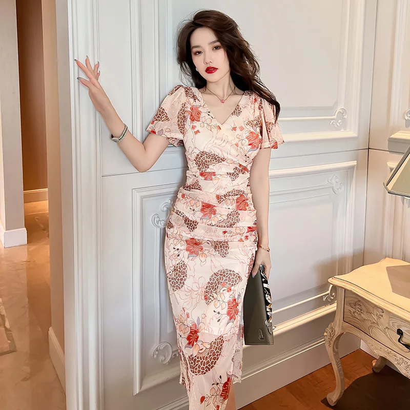 

Женское офисное платье с оборками на рукавах, элегантное платье средней длины абрикосового цвета с цветочным принтом, лето