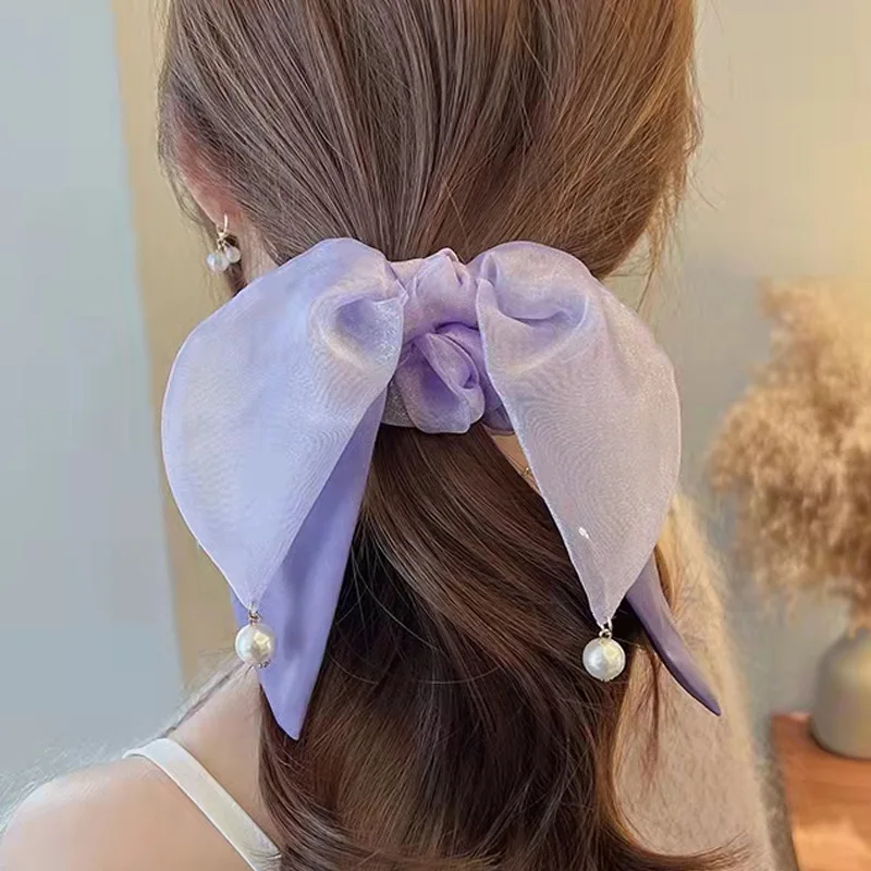 

2022 New Hair Scrunchie Hair Accessories Korea Sweet Dream Purple Streamer Large Intestine Hair Ring Satin Pearl Head Rope