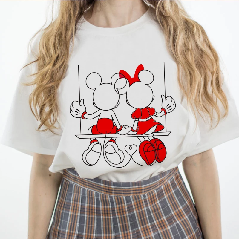 

Disney Mickey Mouse Summer Women Simple Solid O-Neck Cotton Match Basic Harajuku Tshirt New Short Sleeve Printing Tee Tops Cute