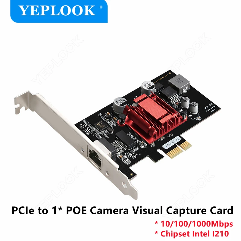 PCIe 1x to Single POE Port Camera Visual Capture Card 10/100/1000Mbps Gigabit Network Card Ethernet Converter Chipset Intel I210