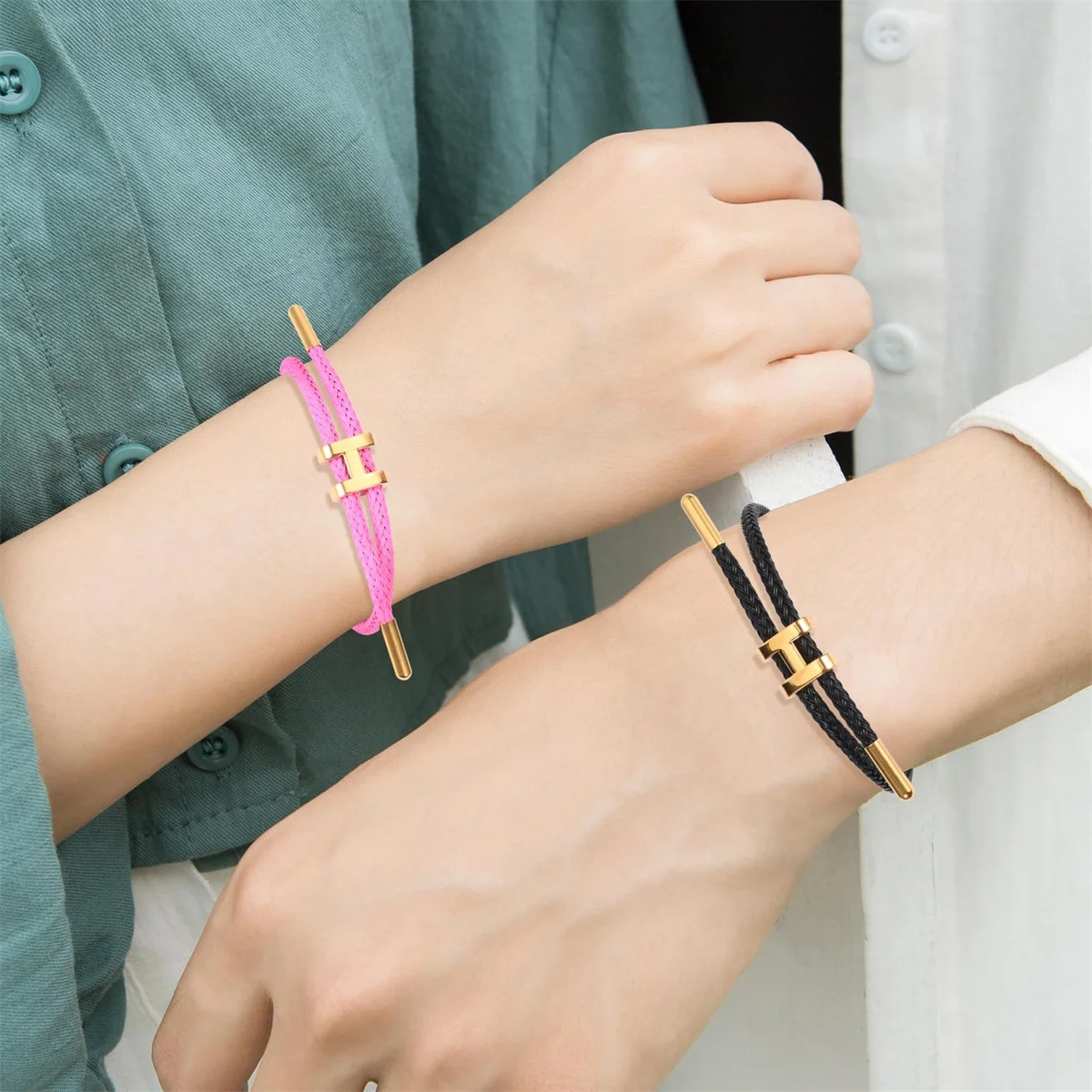 Titanium Steel Women's Gold Plated Bracelet H Shape Design Hand Polished with Adjustable String Bracelet Fashion Accessory