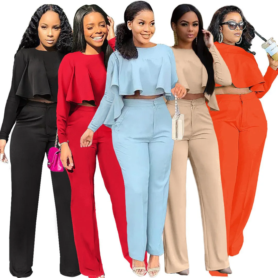 

Женский новый осенне-зимний комплект из двух предметов в европейском и американском стиле с оборками и длинными рукавами и широкими брюками с высокой талией