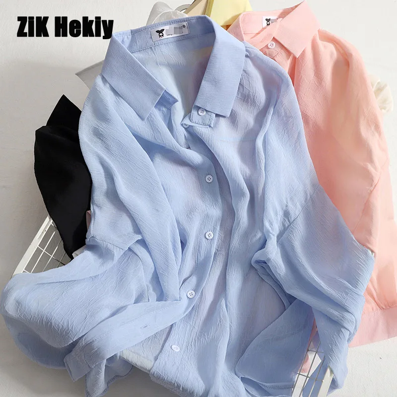 

Zik Hekiy Women Chiffon Thin Sunscreen Shirt Women Summer All-match Cardigan Solid Color Loose Thin Shirt Women Top