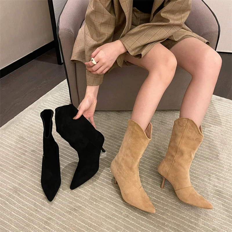 2023 Autumn Winter Women's Chelsea Boots Pointed Toe Ladies High Heels New Fashion Mid-calf Pointed Toe Modern Boots Botas Mujer