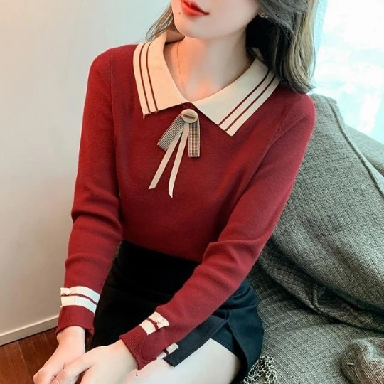 

Red Office Lady Knit Women Gril Pullover Sweaters Long Sleeve Tops Fashionable Solid Knitwear Women's Sweater Top Coat Cloth
