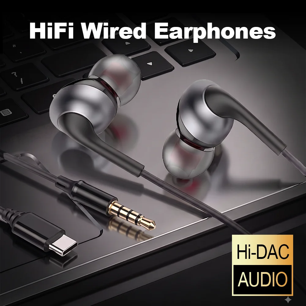 Фото Проводные наушники с HiFi объемным звуком, USB Type C, с HD микрофоном и регулятором громкости, гарнитура для iPhone Pro 17 16, Samsung Galaxy. №1