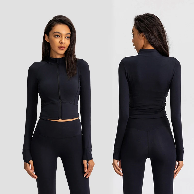 

With Logo Sports Jacket Fitness Training Clothing Autumn Winter Warm Nylon Yoga Long Sleeve Outdoor Running Tight Top Women