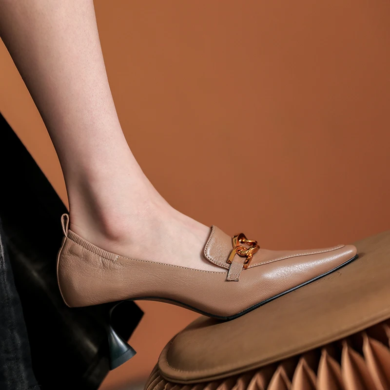 

Women Pums Spring Autum Thin High Heeled Slip-On Cowhide Leather Female Buckle Pumps Square Toe Elegant Ladies Soft Shoes 6 CM