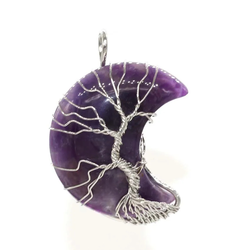 KFT Silver Plated Wire Wrapped Tree Of Life Crescent Moon Shape Rose Pink Quartz Amethyst Crystal Agate Stone Pendant Jewelry