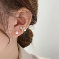 copper micro set zircon fishtail pearl earrings creative temperament personality niche design sweet earrings wholesale