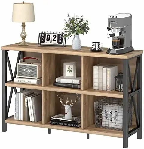 

6 Cube Storage Organizer with Shelf, Wood and Metal Cubby Bookcase, Industrial Horizontal Bookshelf (Walnut Brown, 47 Inch)