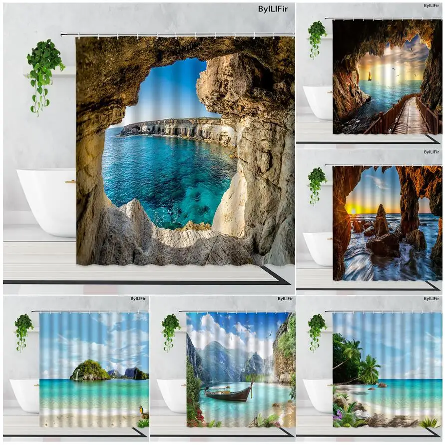 

Rock Cave Ocean Nature Landscape Shower Curtains Sets Beach Island Palm Trees Hawaiian Scenery Fabric Bathroom Decor with Hooks