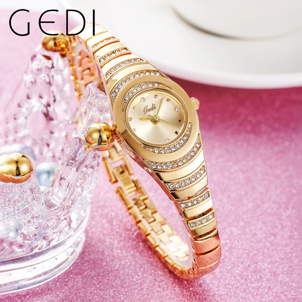 GEDI Ladies Wrist Watches Dress Rose Gold Watch Women Crystal Diamond Watches Stainless Steel Clock Women Montre Femme 2023 New