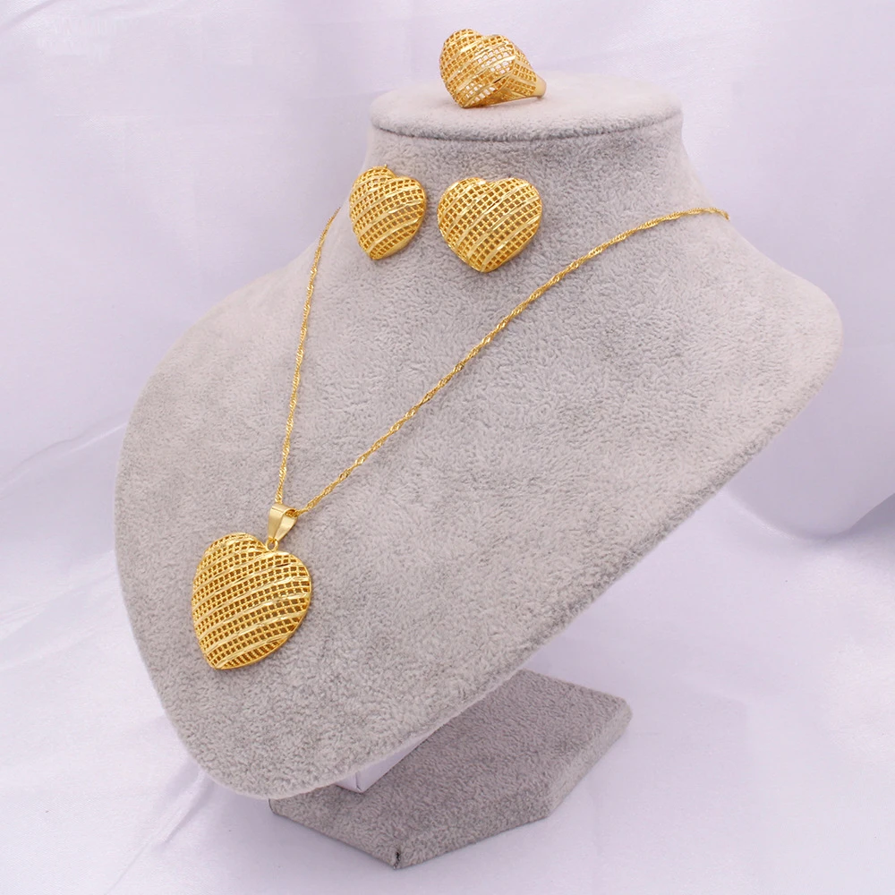 

Women Jewelry Set Hollow Heart Shaped Pendant Chain+Earring+Ring 24K Ethiopian Arabia Indian Dubai African Bridal Wedding Party