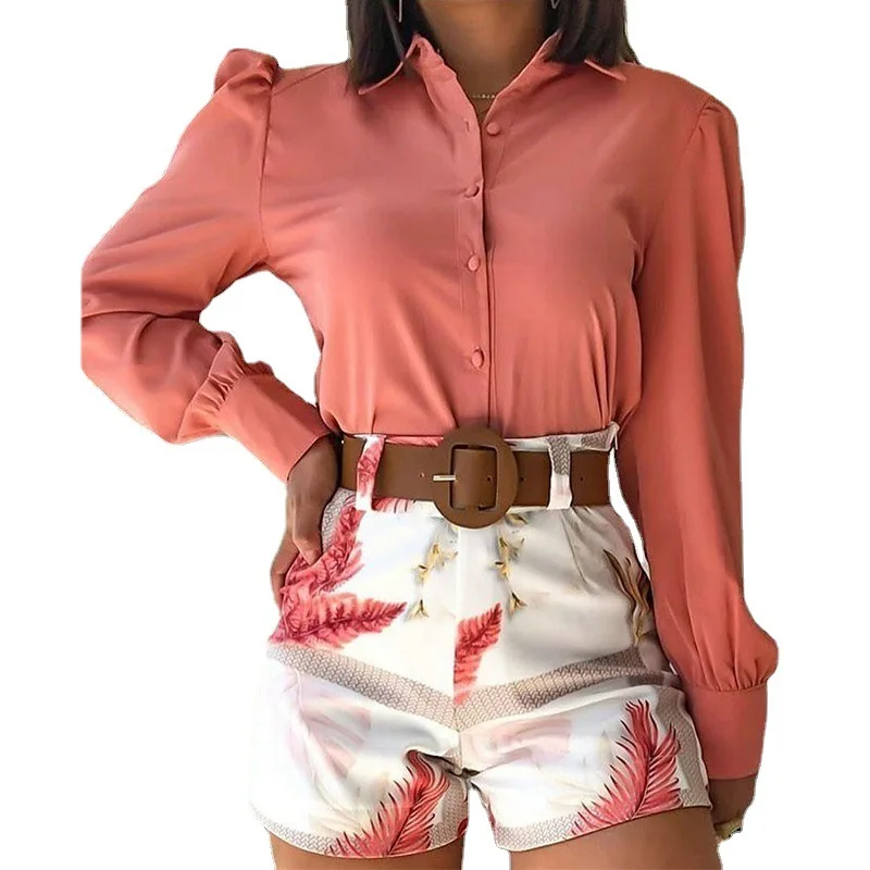 

Two Piece Tops Set Women Puff Sleeve Shirt And Shorts Sets 2022 Fashion New Print Elegant Chic High Waist Office Lady Short Suit