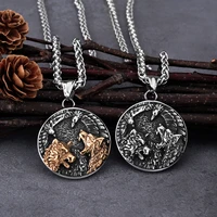 mens viking wolf head and crow road sign compass necklace nordic wolf animal pendant viking wolf stainless steel jewelry gift