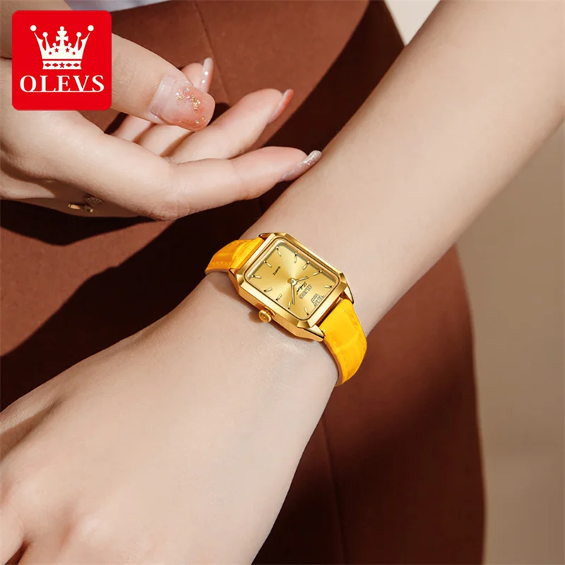 OLEVS 2023 New Classic Luxury Ladies Simple Square Quartz Watch Top Brand Casual Fashion Waterproof Gold Yellow Women Watches