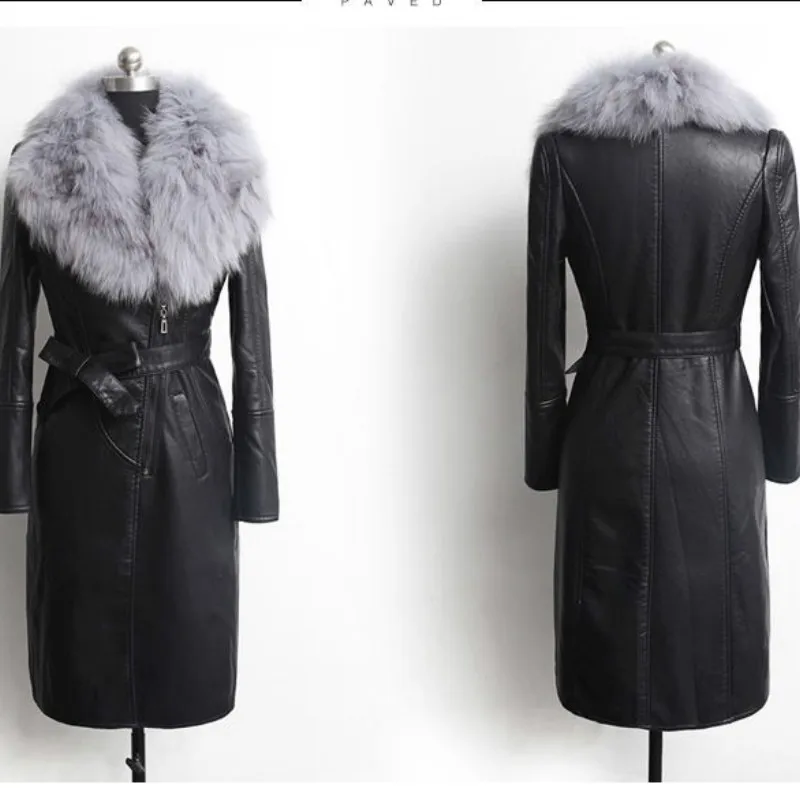Women's Leather Jacket for Winter 2022 New Plus Velvet Warm Slim Big Fur Collar Long Leather Coat Female Outerwear Winter Coats