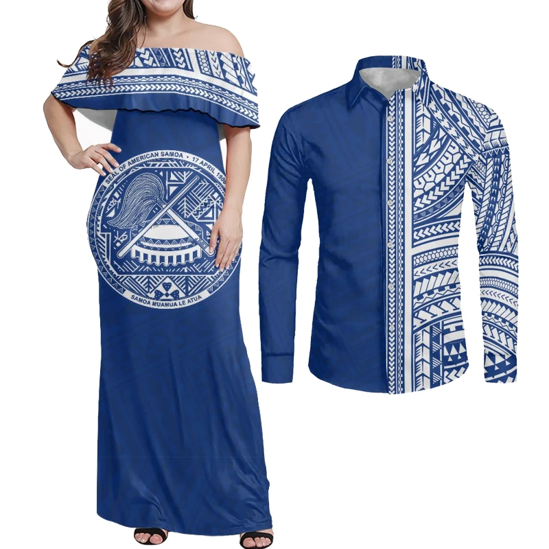 HYCOOL Polynesian Samoan Tattoo Design Outfit For Couple Tribal Print Elegant Off Shoulder Maxi Blue And White Dress For Women