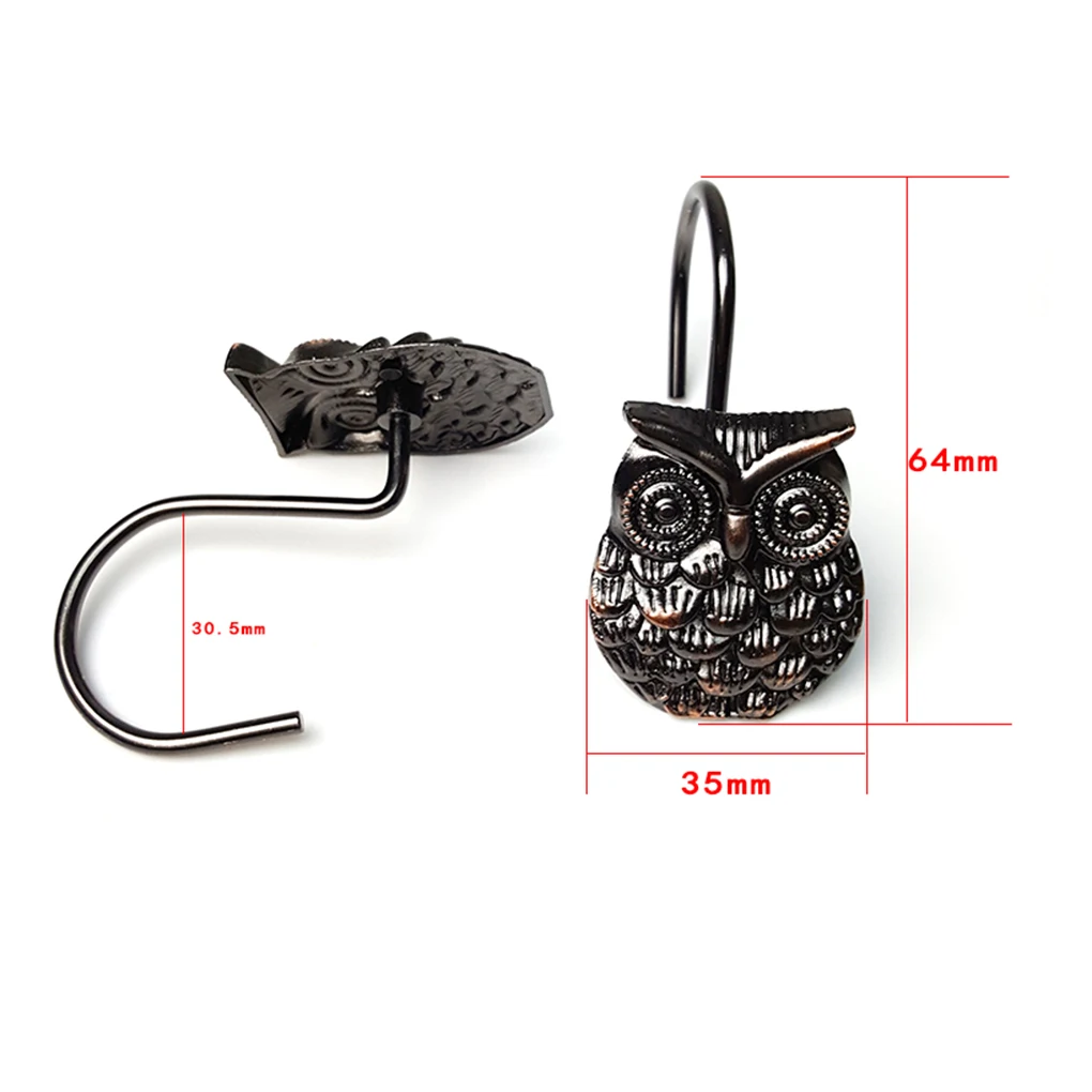 

12pcs Owl Bronze Shower Curtain Hooks Rings Zinc Alloy Easy Glide Metal Shower Curtain Hooks