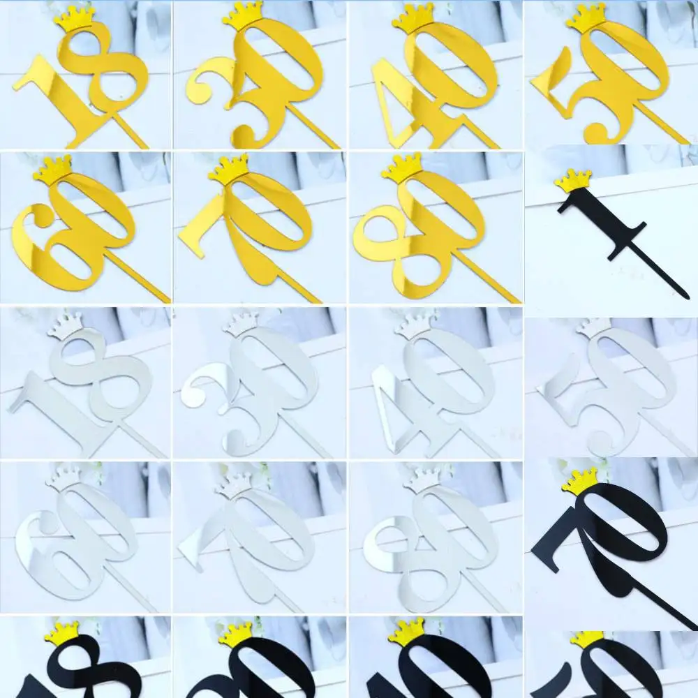 

5pcs Acrylic Number Cake Topper Gold Silver Crown Birthday Cupcake Topper for Birthday Wedding Anniversary Party Cake Decoration