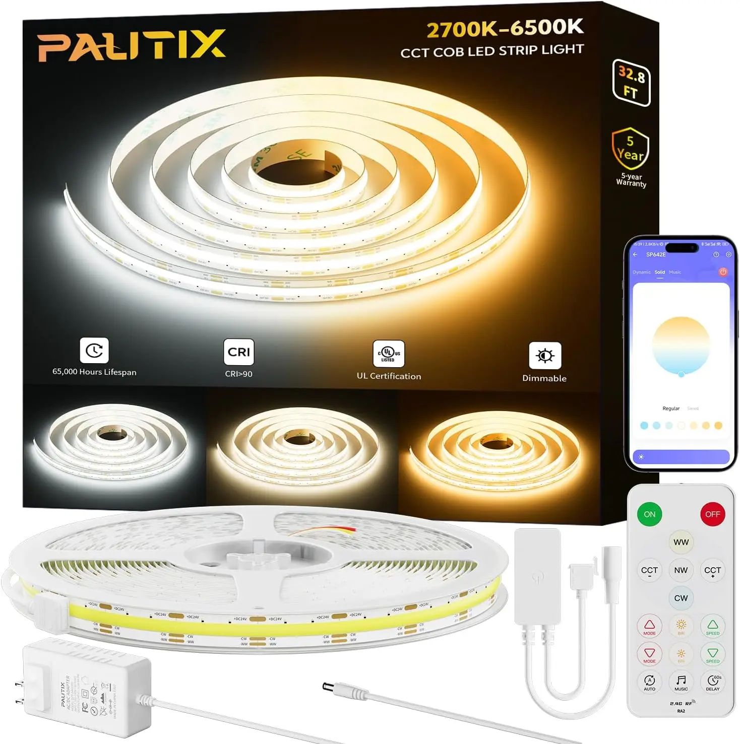 Светодиодная лента PAUTIX 10m COB CCT, регулируемая яркость, 2700K-6500K, 640 светодиодов/м