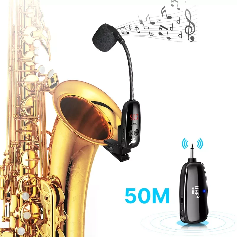 

UHF Wireless Instruments Saxophone Microphone Wireless Receiver Transmitter 50M Range Plug and Play Great for Trumpets