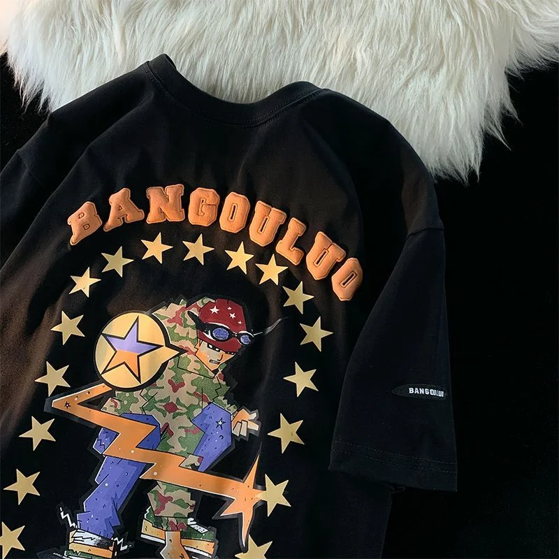 

American Retro Brand Cartoon T Shirts Mens Hip Hop Fashion Dark Gray Cotton Oversized Tops Summer Short Sleeve Harajuku Couples