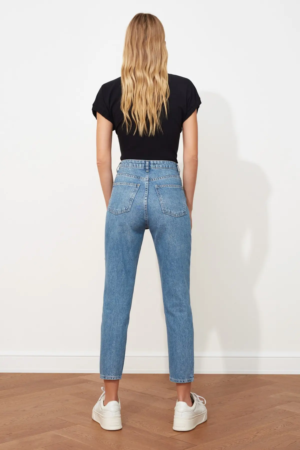 Blue Double-Button High WAIST Mom Jeans women casual denim pants elegant denim pants ladies Blue