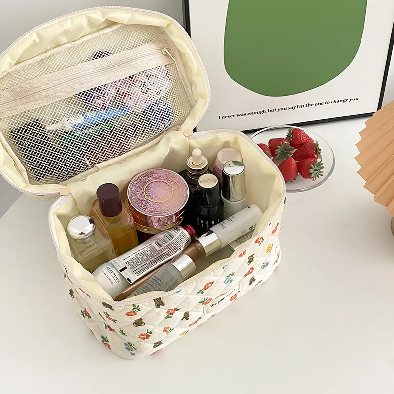 Косметичка Hylhexyr с маленьким медведем и цветком стеганый Хлопковый чехол сумка на