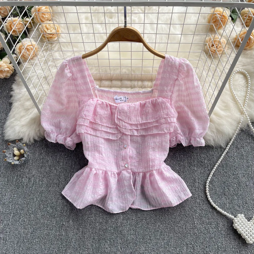 

New Summer Sweet Women Blouses Korean Chic Elegant Square Collar Puff Sleeve Female Shirts Vintage Office Lady Crop Blusas Mujer