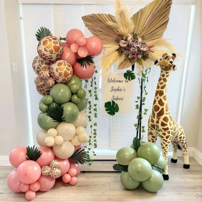 Pink Green Jungle Balloon Garland Arch Kit Jungle Safari Birthday Party Decorations Kids Birthday background Decor Baby Shower