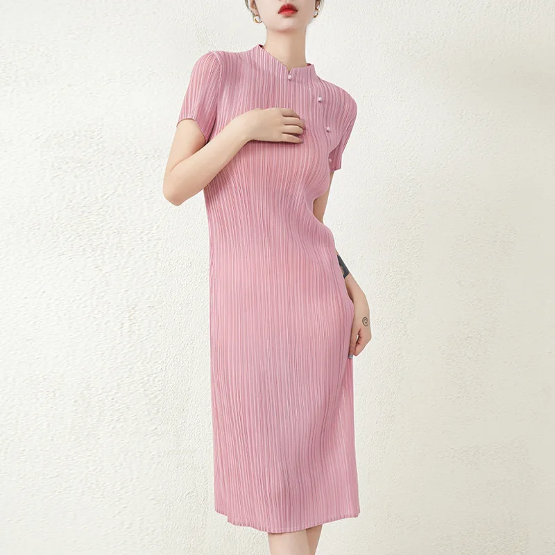 

Miyake pleated dress women's summer garden collar high-quality slit slim pleated retro style midi skirt