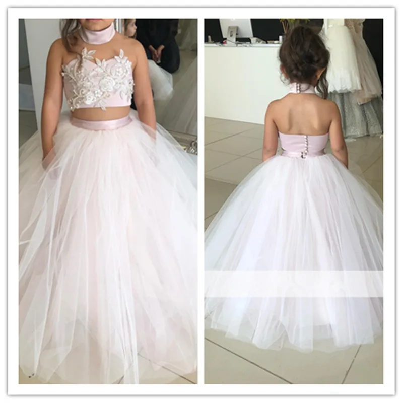 

Pink 2020 Flower Girl Dresses For Weddings Ball Gown Halter Tulle Lace Pearls Long Custom Made First Communion Dresses For Girl