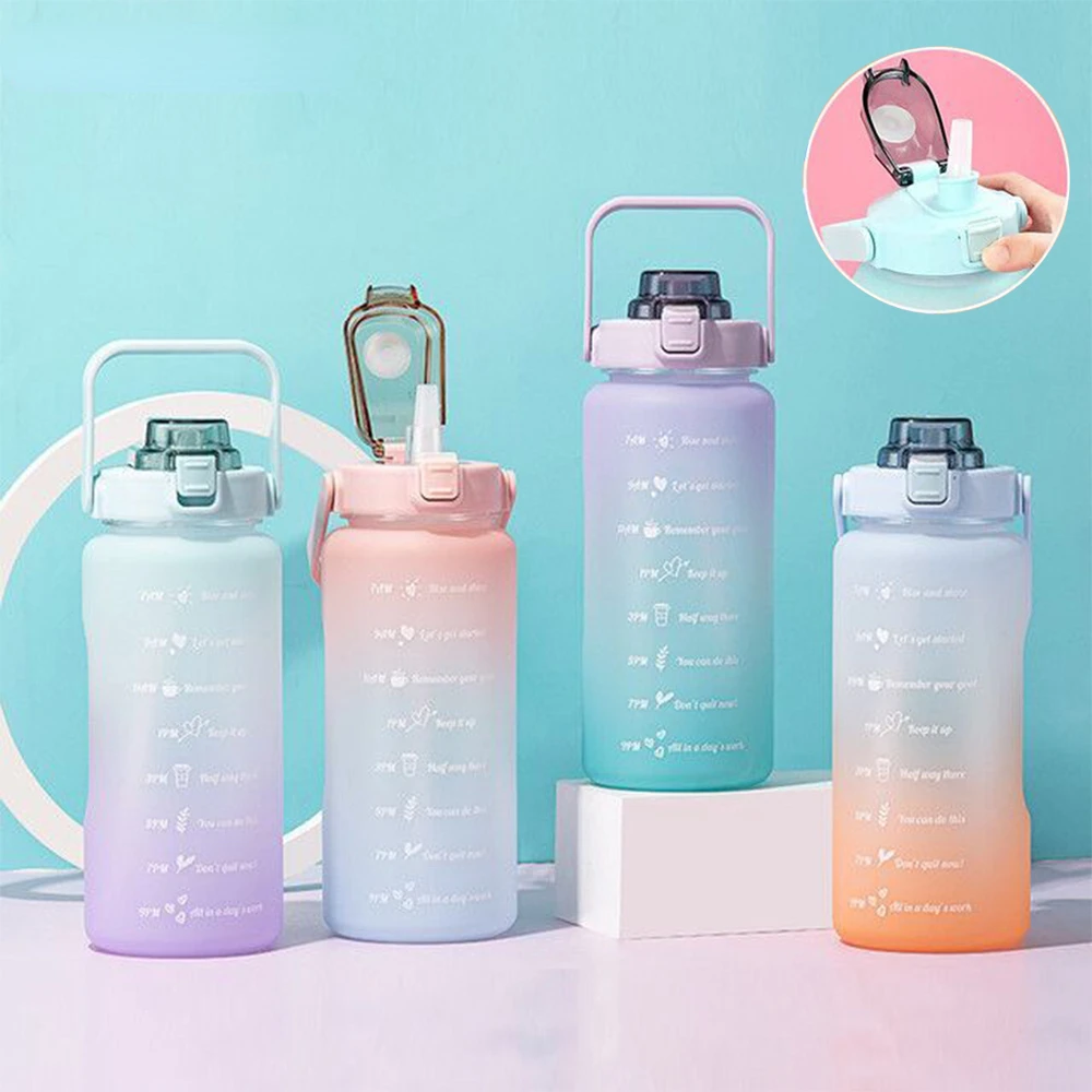 

2L Large Capacity Water Bottle With Straw High Quality Plastic Gradient Color Water Cups Outdoor Drinking Kettle Sports Bottle