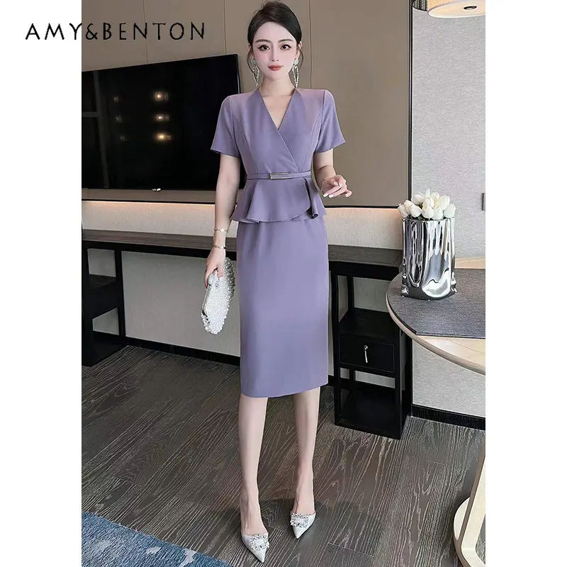Elegant Commute Style 2023 Spring Summer Slim-Fit Fake Two Pieces Business Style Fashion Dress Mid-Length Women Dress