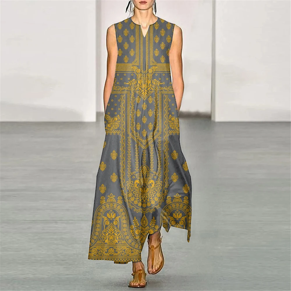 Женское платье-макси с V-образным вырезом Свободное длинное платье без рукавов