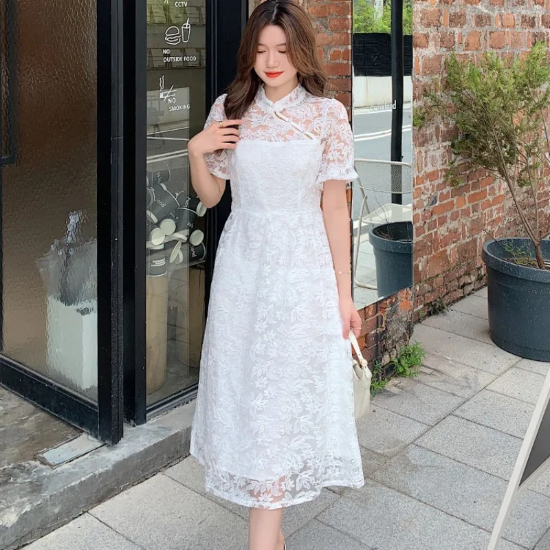 

2022 New Summer Dress Chinese Style Temperament Cheongsam Stand Collar A-line Solid Color Embroidery Lace Free Shipping
