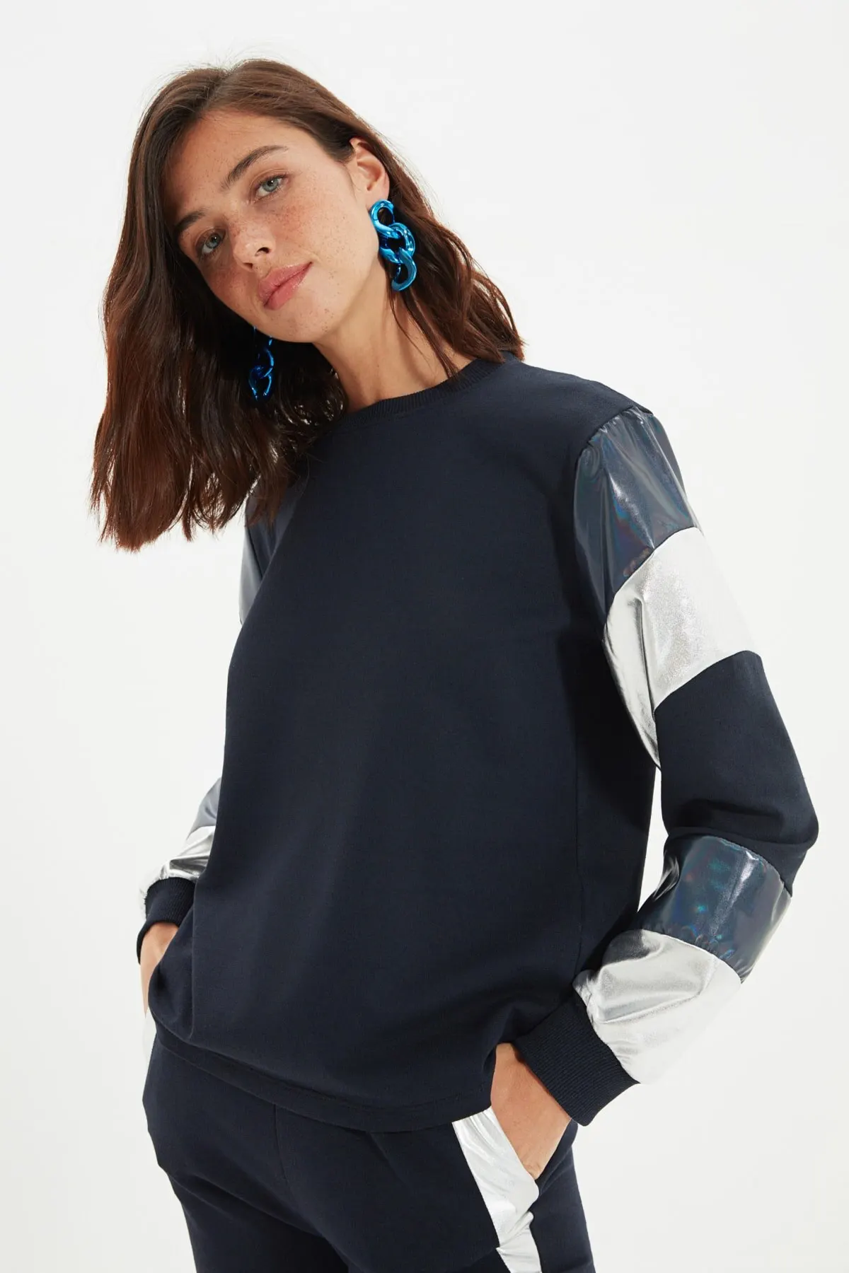 

Women's Sweatshirt Navy Blue Foil Detailed Basic Crew Neck Knitted Thin Hoodies Fashion All Season New Pullovers Fleece lovers Fleece