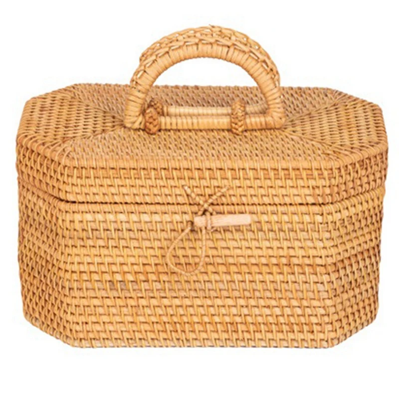 

1 Piece Handwoven Rattan Storage Box With Handle Tea Food Container Ornament Box Kitchen Organizer Picnic Bread Fruit Basket